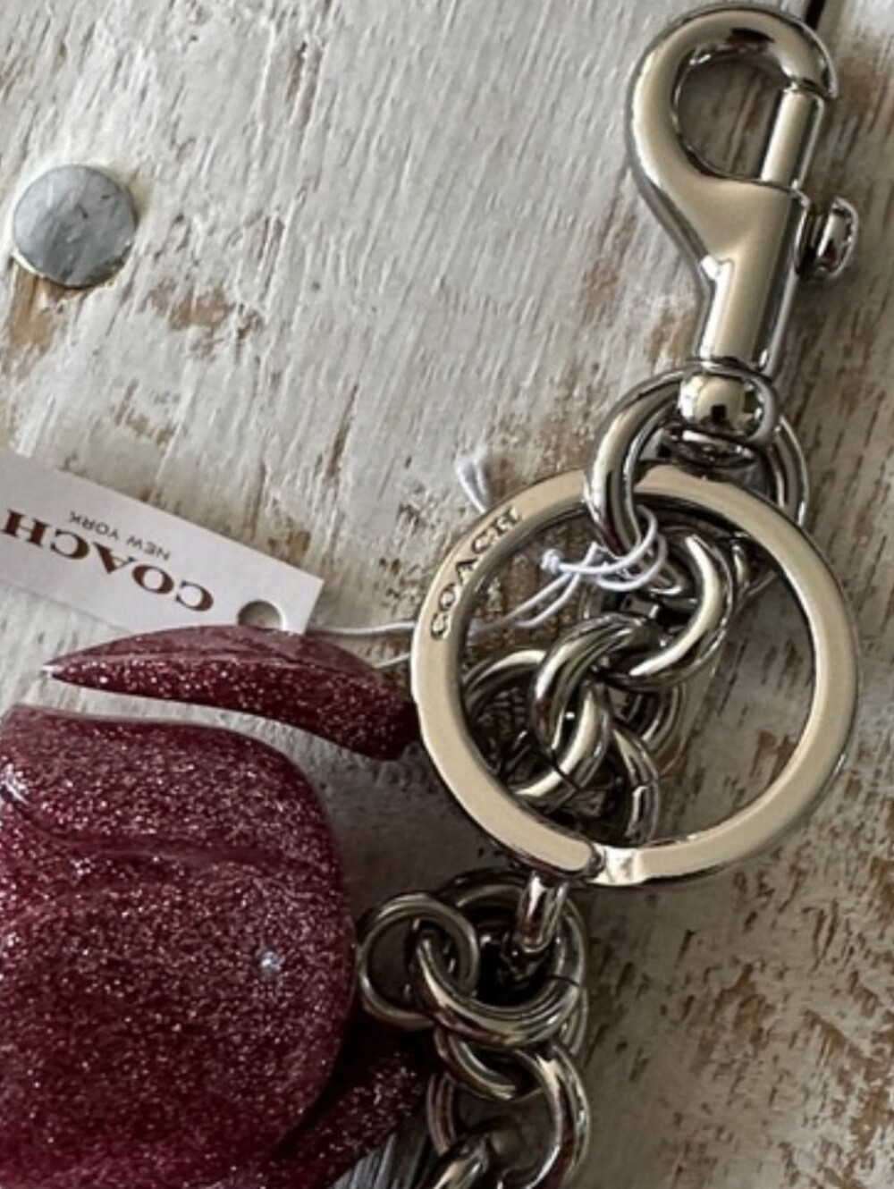Coach Pink Glitter Floral Keyring Charm with Silver Hardware - Picture 3 of 6